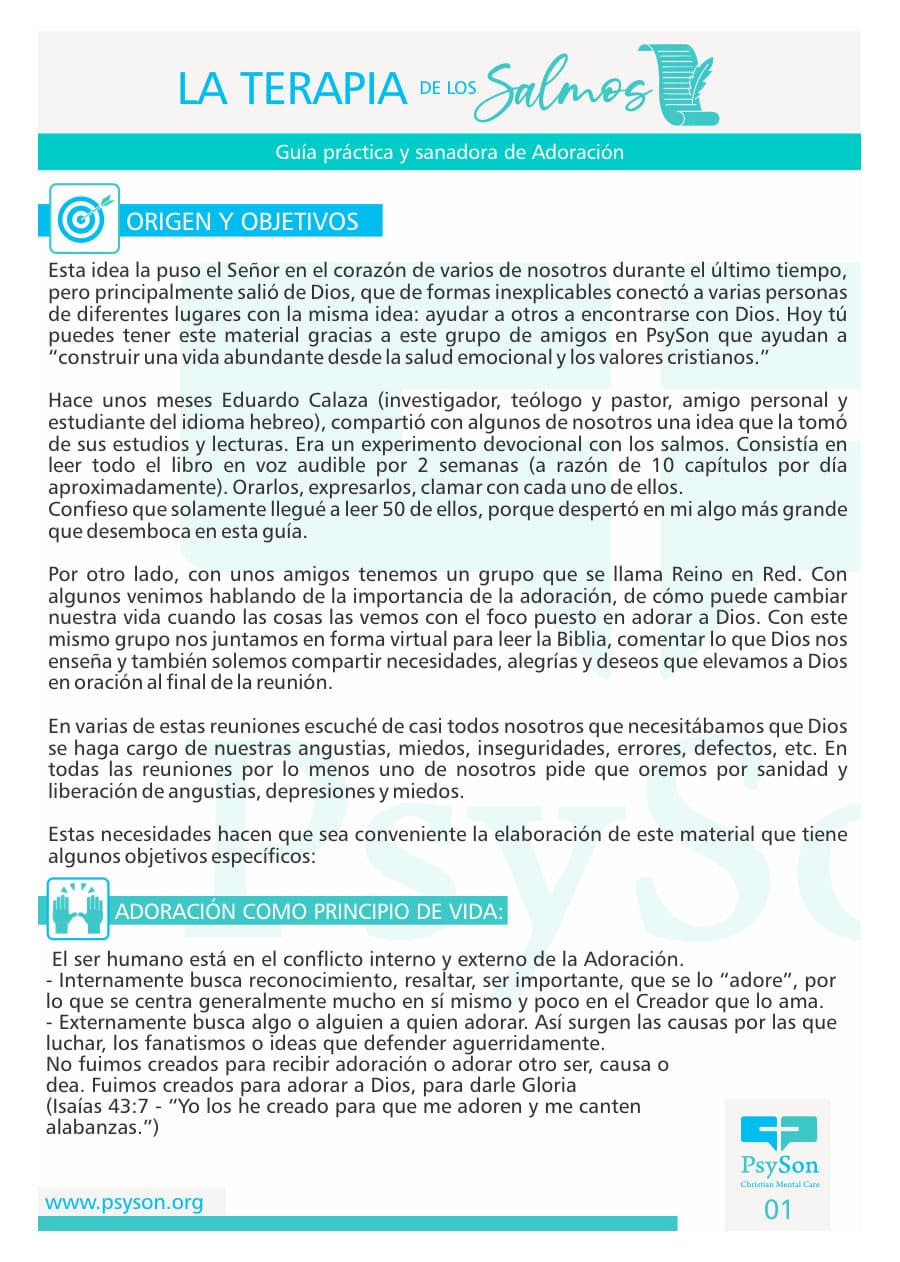 Primera página de la guía «La terapia de los Salmos»: guía práctica y sanadora de adoración